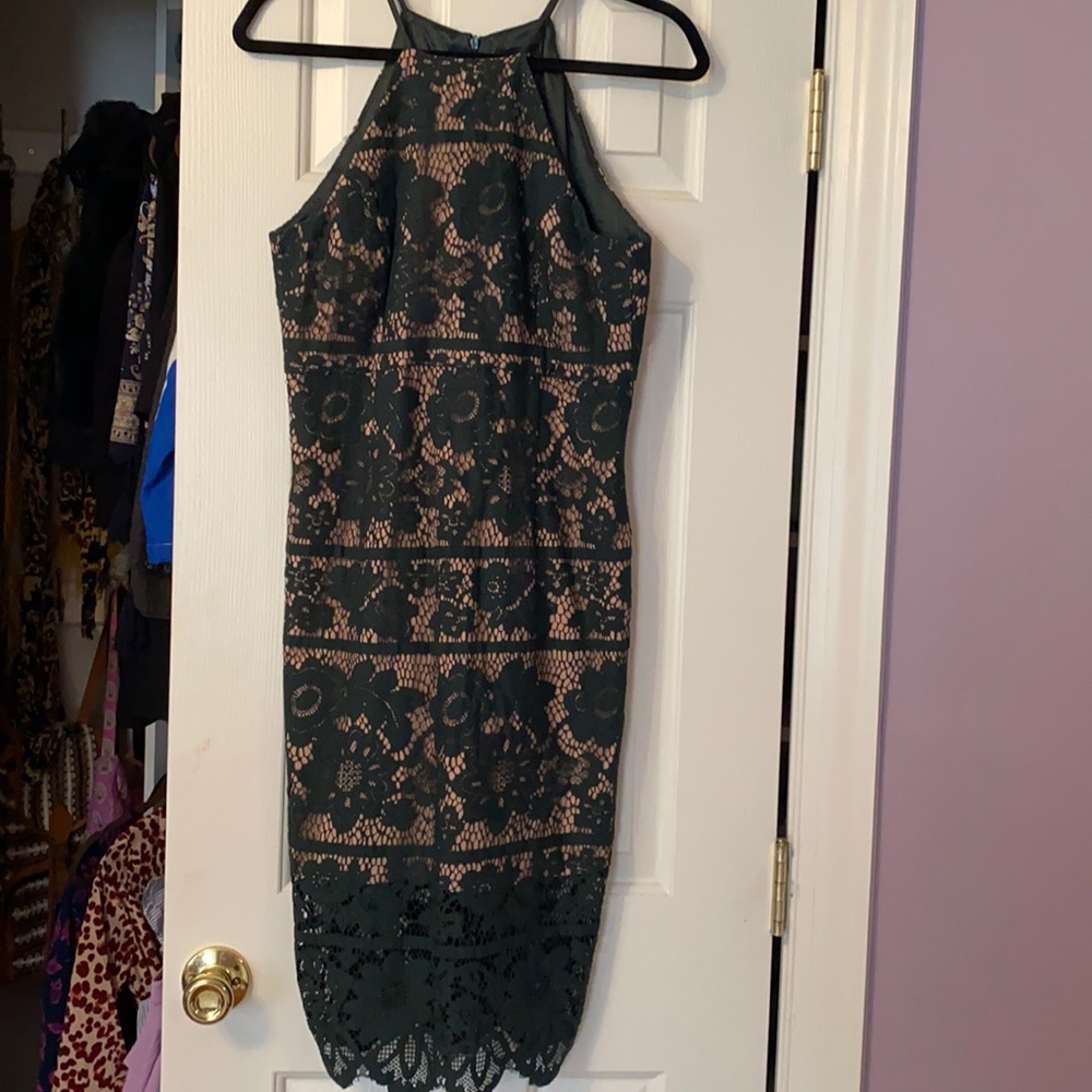 Green lace halter midi cocktail dress